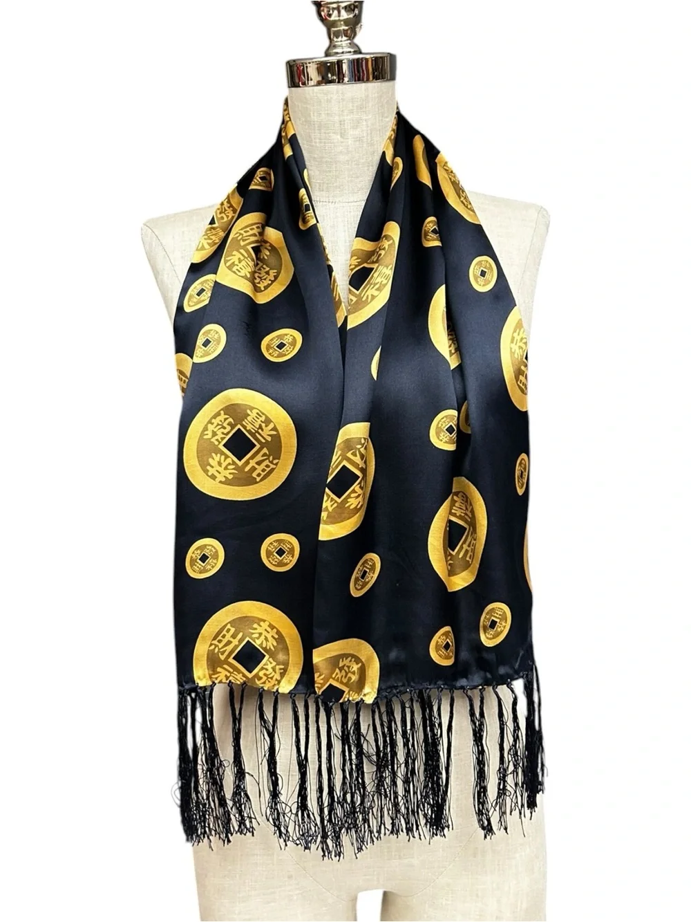 Black Gold Silk Feng Shui Coin Scarf Chinese Lucky Coin Fringe Wrap 44x11